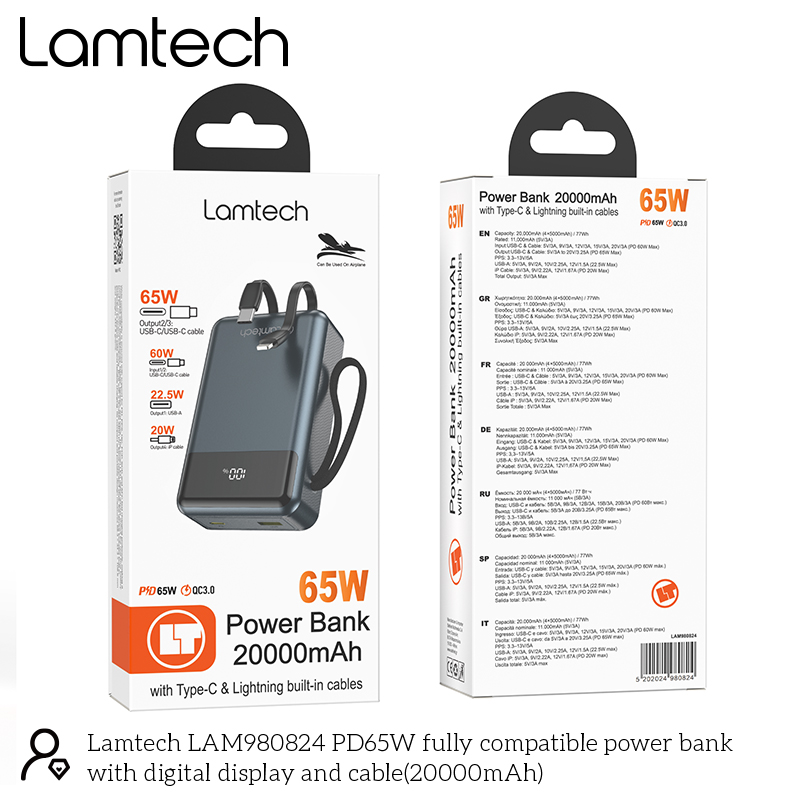 LAMTECH POWERBANK 20000MAH WITH TYPE-C AND LIGHTNING BUILT-IN CABLES QC3.0 PD65W