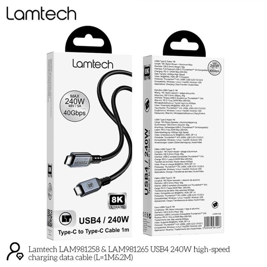 LAMTECH USB4 8K/40G TYPE-C TO TYPE-C CABLE 240W 1M BLACK