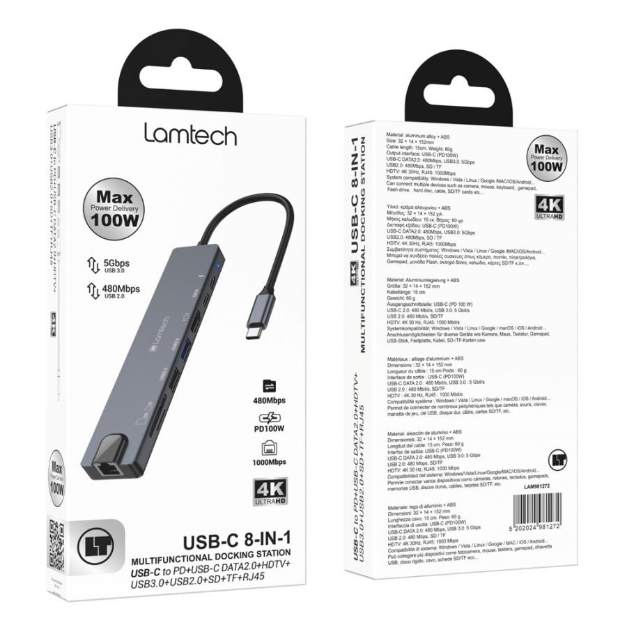LAMTECH 8-IN-1 4K MULTIFUNCTIONAL DOCKING STATION 100W ANTHRACITE