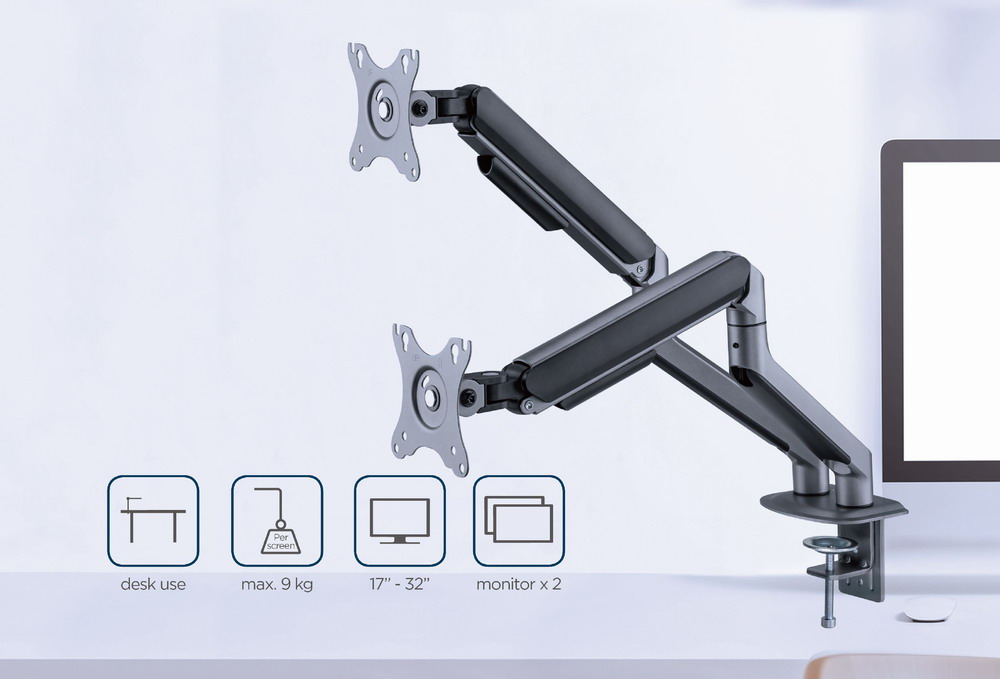 GEMBIRD DESK MOUNTED ADJUSTABLE DOUBLE MONITOR ARM SPACE GREY
