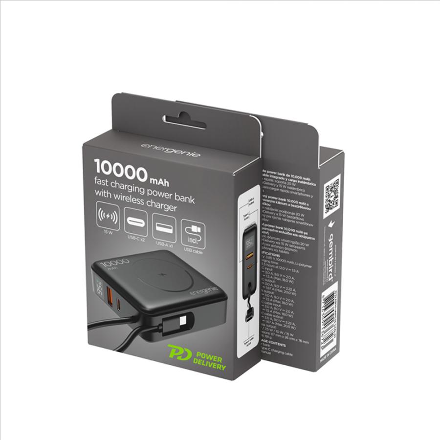 ENERGENIE 20W FAST CHARGING POWER BANK WITH WIRELESS CHARGER 10000 MAH BLACK
