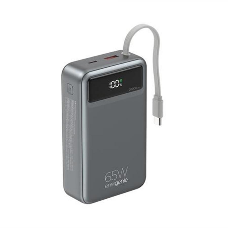 ENERGENIE 65W FAST CHARGING POWER BANK WITH INTEGRATED CABLES 20000 MAH BLACK