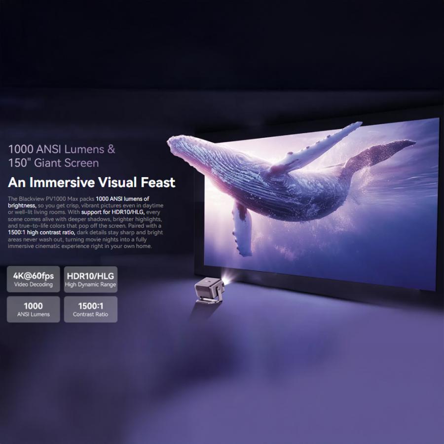 BLACKVIEW WIFI BT PROJECTOR 1000 ANSI LUMENS HDR10 1080P SPACE SILVER