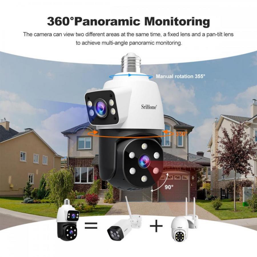 SRIHOME DUAL LENS LIGHT BULB CLOUD WIFI SECURITY CAMERA 2MP WHITE