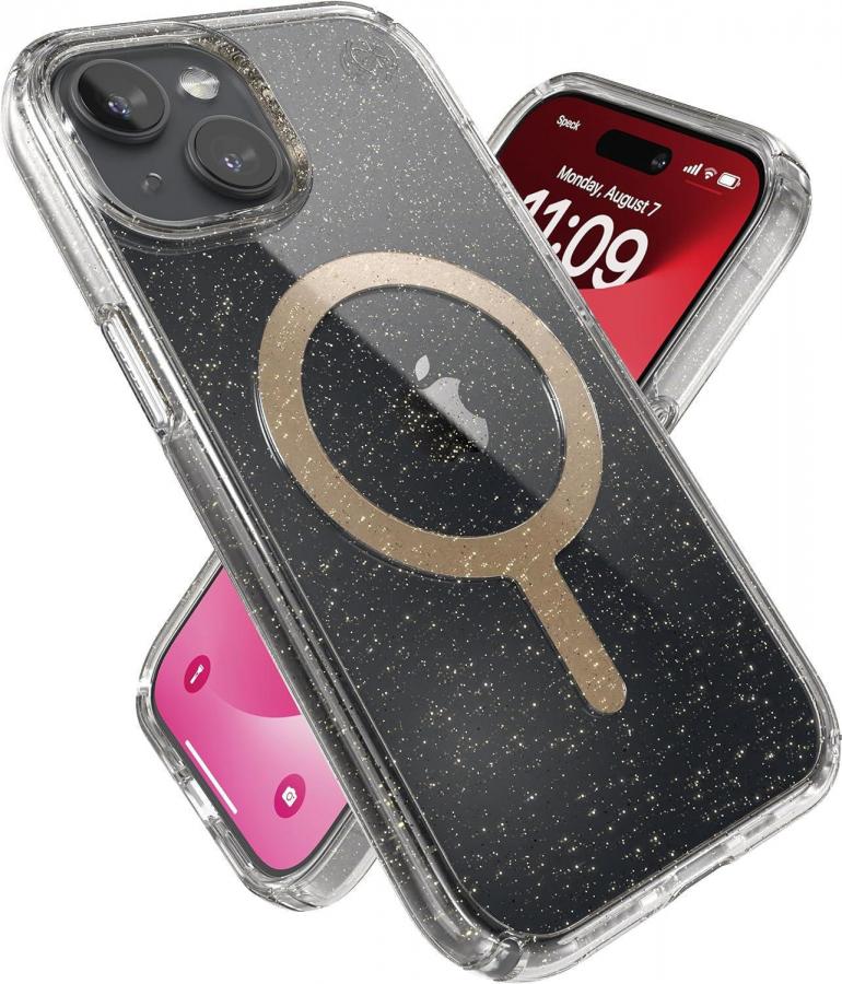 SPECK (150555-3216 )IPHONE 15/IP14/IP13  MAGSAFE CASE, PRESIDIO LUX ( CLEAR/GOLD GLITTER )