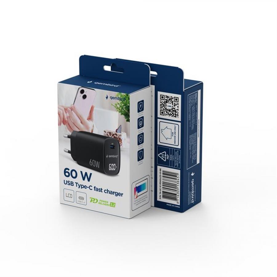 GEMBIRD TYPE-C FAST CHARGER 60W WITH LCD BLACK