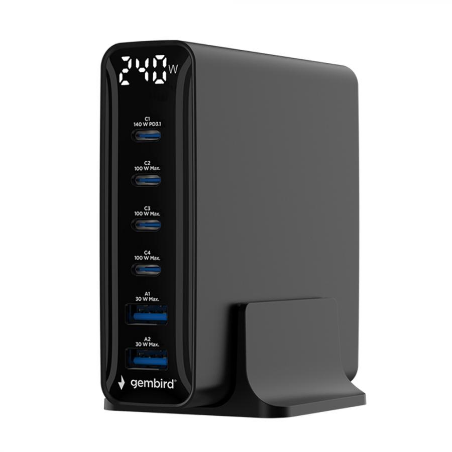 GEMBIRD 6-PORT 240W GaN USB FAST C HARGER BLACK