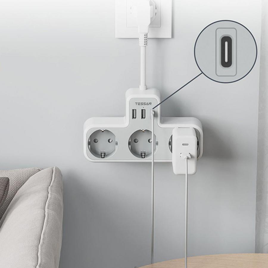 TESSAN 6 IN 1 POWER STRIP 3xSCHUKO, 2xUSB, 1xTYPE-C 15CM CABLE