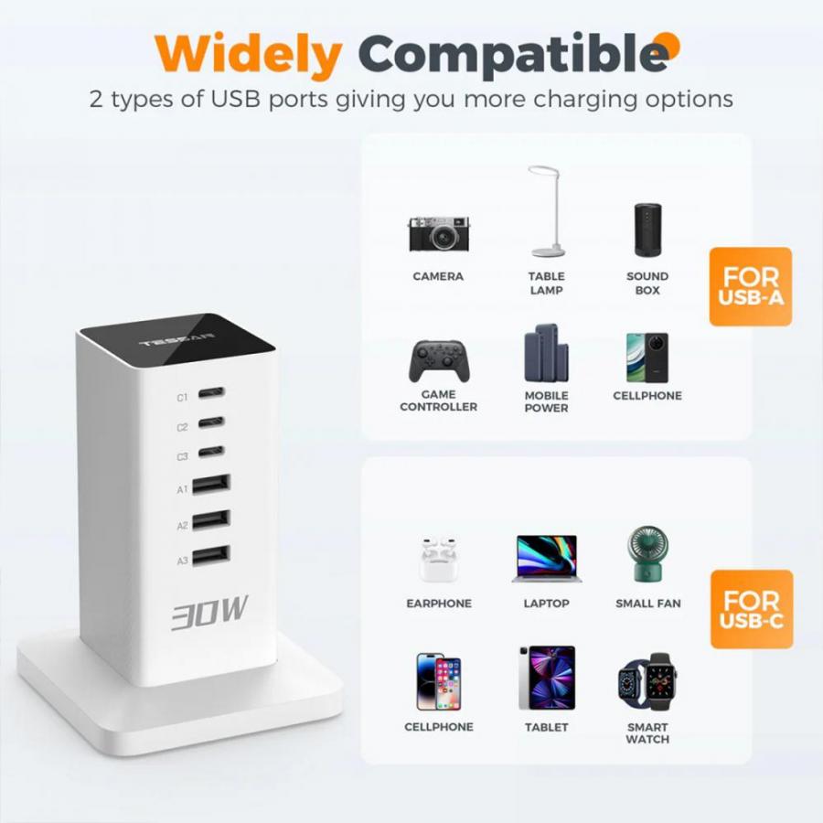 TESSAN 6 IN 1 TOWER POWER STRIP 3XUSB, 3XTYPE-C 30W 2M WHITE