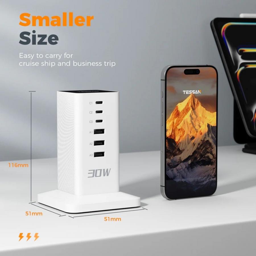 TESSAN 6 IN 1 TOWER POWER STRIP 3XUSB, 3XTYPE-C 30W 2M WHITE