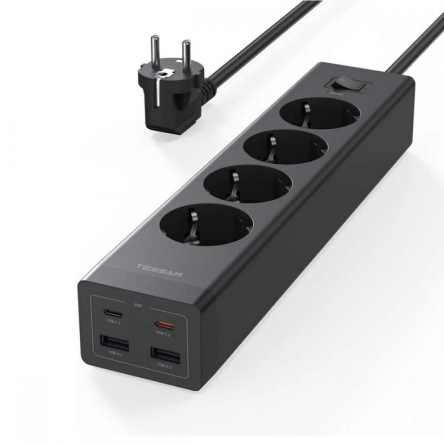 TESSAN 8 IN 1 POWER STRIP 4XSHUCKO, 2XUSB, 2XTYPE-C 20W 2M BLACK