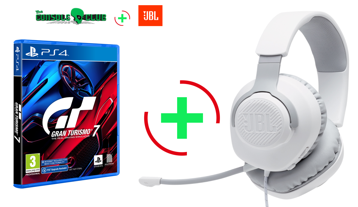 Gran Turismo 7 PS4 + JBL Quantum 100, Over-Ear Wired Gaming Headset (White)