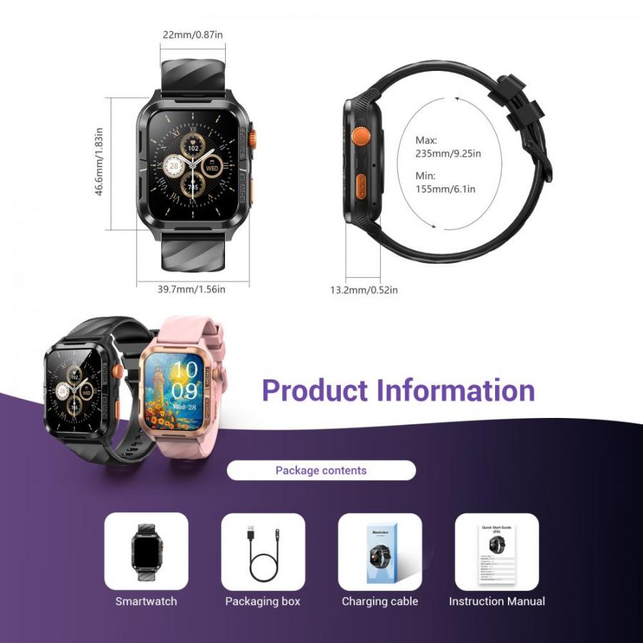 BLACKVIEW BT5.3 WATERPROOF-10M SMARTWATCH WITH DA GPT & LED TORCH BLACK