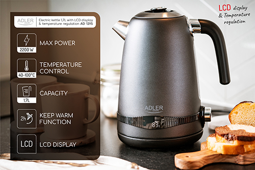 ADLER 1,7L STEEL ELECTRIC KETTLE WITH LCD AND TEMPERATURE CONTROL GREY