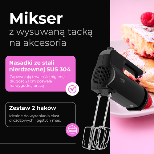 ADLER HAND MIXER WITH A PULL-OUT TRAY FOR ACCESSORIES 550W BLACK