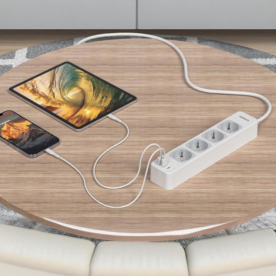 TESSAN 7 IN 1 POWER STRIP 4XSHUCKO, 2XUSB, 1XTYPE-C 2M WHITE