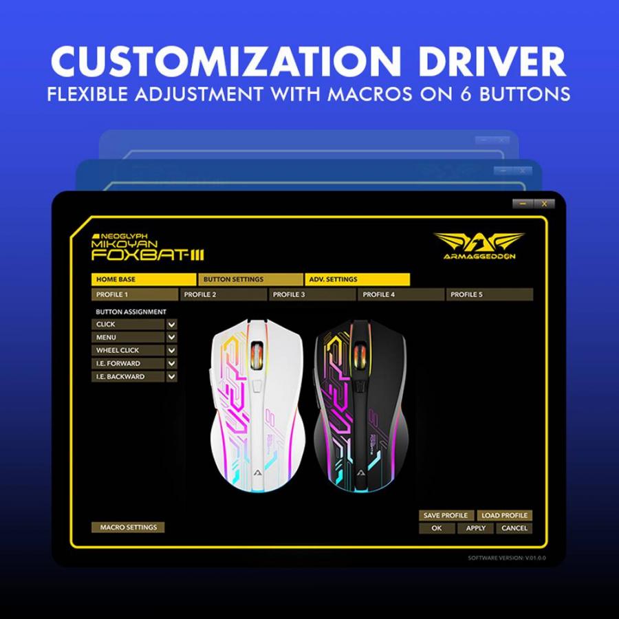 ARMAGGEDDON 2.4G WIRELESS GAMING MOUSE RGB 10000 CPI MIKOYAN FOXBAT-III CYBERPUNK BLACK