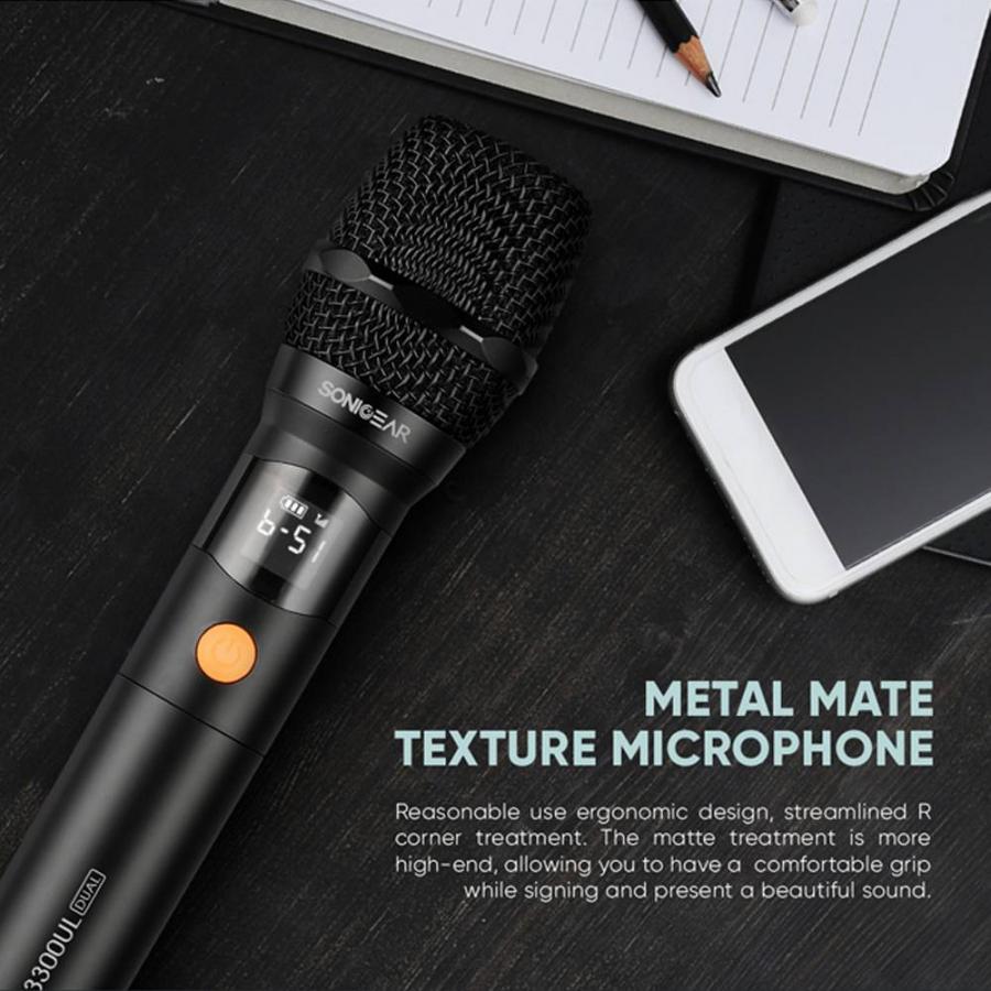 SONICGEAR DUAL PROFESSIONAL UHF WIRELESS LED MICROPHONE WM 3300 UL PLATINUM