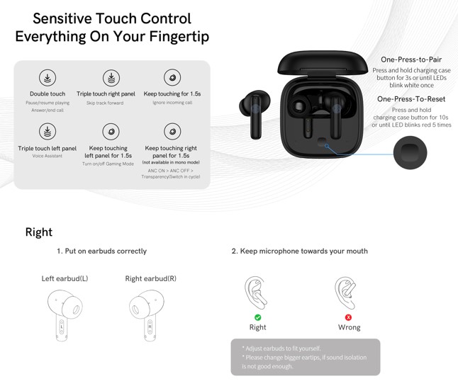 QCY T13 ANC Black - TWS 10mm Dynamic Driver, 4-mic 28dB ANC, Bluetooth 5.3, 7hr-30hr, 75ms latency