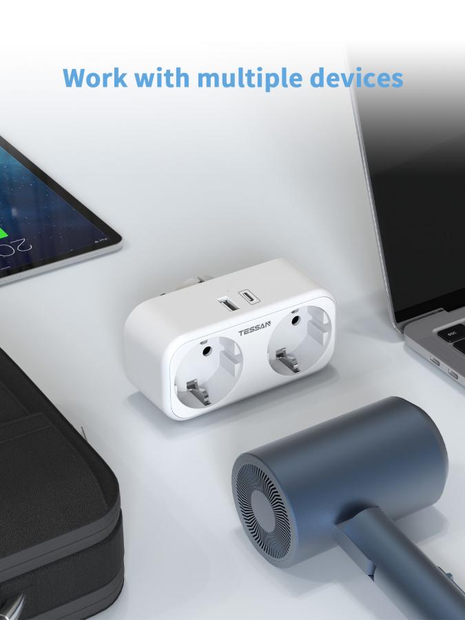 TESSAN 4 IN 1 WALL SOCKET 2xSCHUKO, 1xTYPE-C,1xUSB