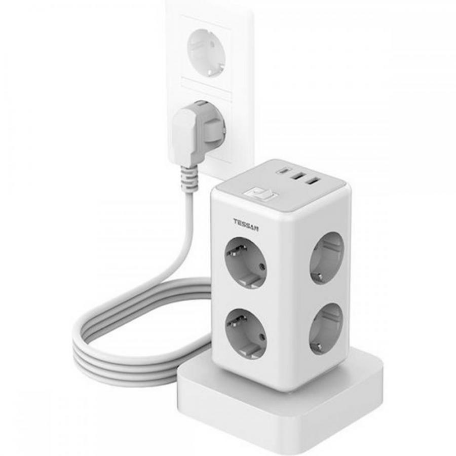 TESSAN 9 IN 1 POWER STATION 6XSHUCKO, 2XUSB, 1XTYPE-C 2M WHITE